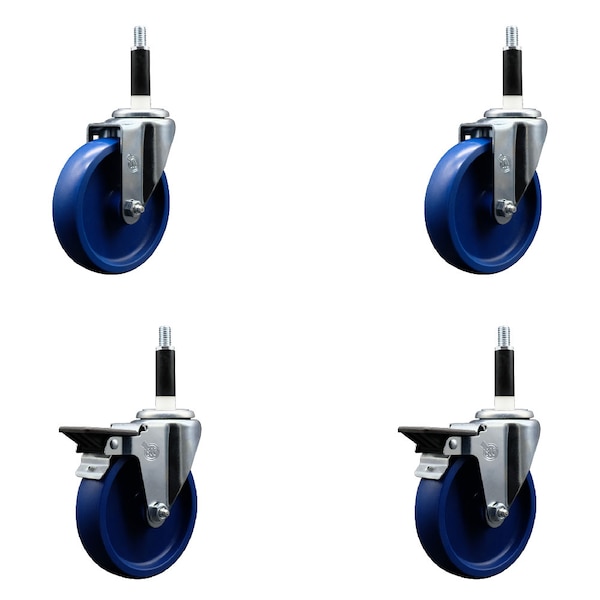 5'' Solid Poly Wheel Swivel 7/8'' Expanding Stem Caster Set 2 Brakes, 4PK